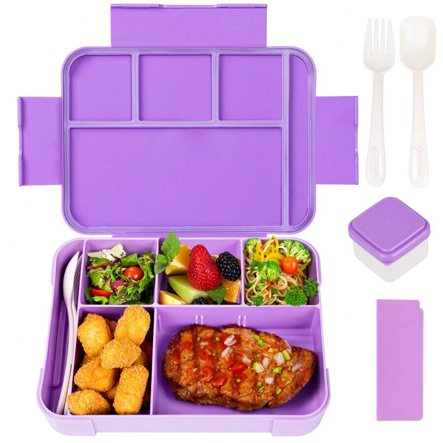 1 Peça Caixa de Fruta Dividida e Lacrada, Caixa de Salada, Caixa de Bento para Trabalhador de Escritório, Aquecimento em Forno de Micro-ondas, com Utensílios de Mesa, Lancheira, Adequada para Trabalho e Viagem, Suprimentos Escolares - Roxo - Visão 1