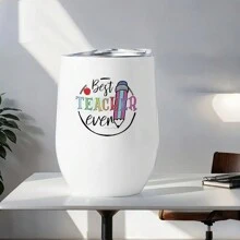 教师节玻璃杯 - 12 盎司不锈钢，蛋壳形，隔热盖，便携式旅行杯，四季皆宜的饮具，完美的教师礼物 返校 - 白色 - 查看 3