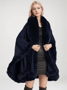 1 件大码女式蓬松领纯色斗篷开衫外套，舒适优雅