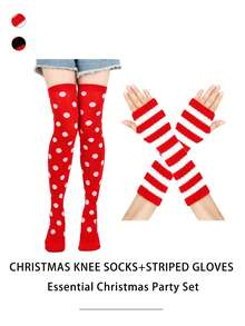 2 đôi: 1 đôi tất chấm bi + 1 đôi găng tay sọc, tất dài hóa trang Giáng sinh, đạo cụ trang điểm tiệc ngày lễ COS tất cao đến đùi chấm bi bọ rùa, găng tay cụt ngón kẻ sọc tiệc Giáng sinh - Nhiều màu - Xem 1