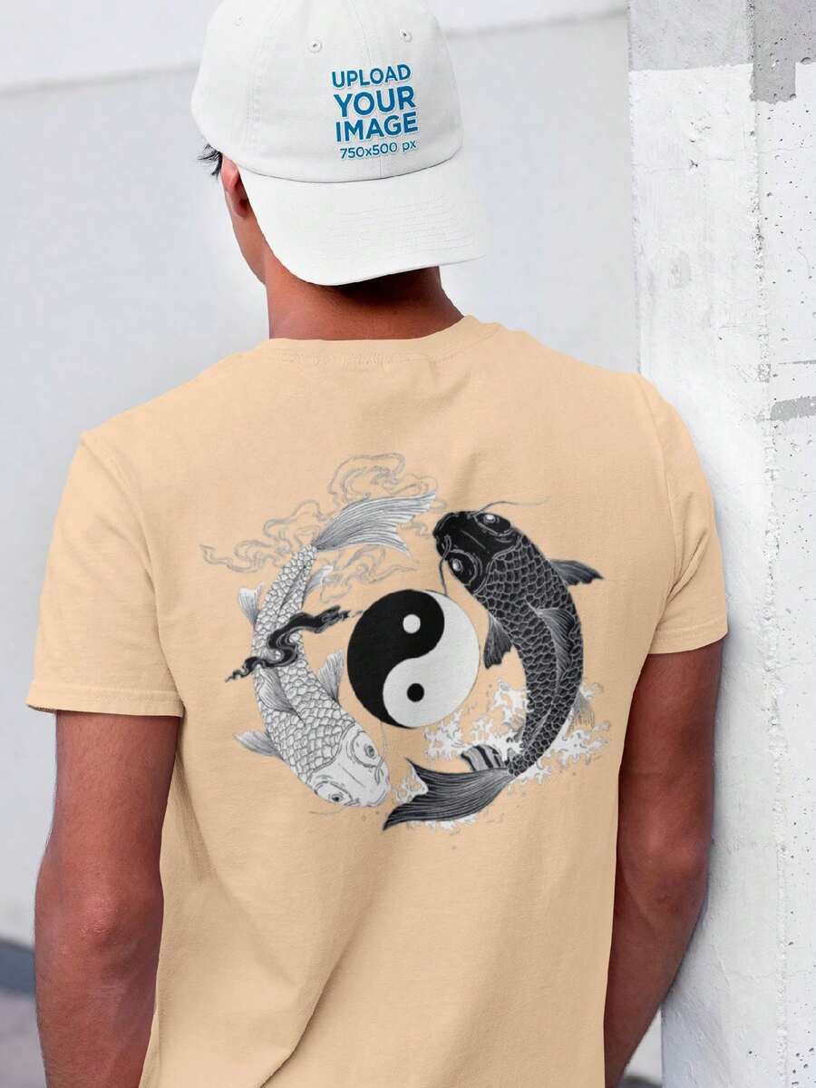 Men's T-Shirt 100% Cotton Premium Yin Yang Carps Streetwear Shirt - 米色 - 查看 1