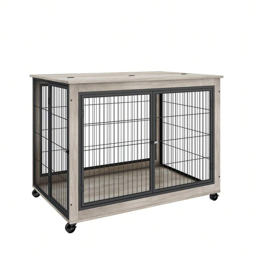 Furniture Style Dog Crate Side Table On Wheels With Double Doors And