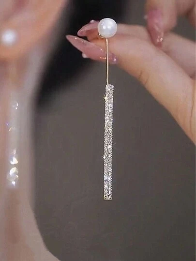 2pcs Fashionable Long Waterdrop Shaped Rhinestone Embedded Faux Pearl Pendant Earrings For Women, Party Night Dress-Up Accessories