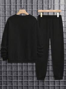 2pcs Fall Men's Sweatshirt And Sweatpants Set, Black Long Sleeve Crewneck Casual Top, Knitted Elastic Waist Drawstring Black Joggers, Letter Graphic Printed - Black - View 2
