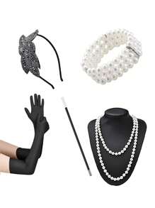 Set de 6 accesorii și pălării la modă în stil Paște/anii 1920, inclusiv bentiță cu pene, mănuși, colier lung cu perle artificiale, suport pentru țigări, brățară cu 3 rânduri de perle artificiale pentru petrecere, spectacol, costum de Ziua Mamei și Halloween