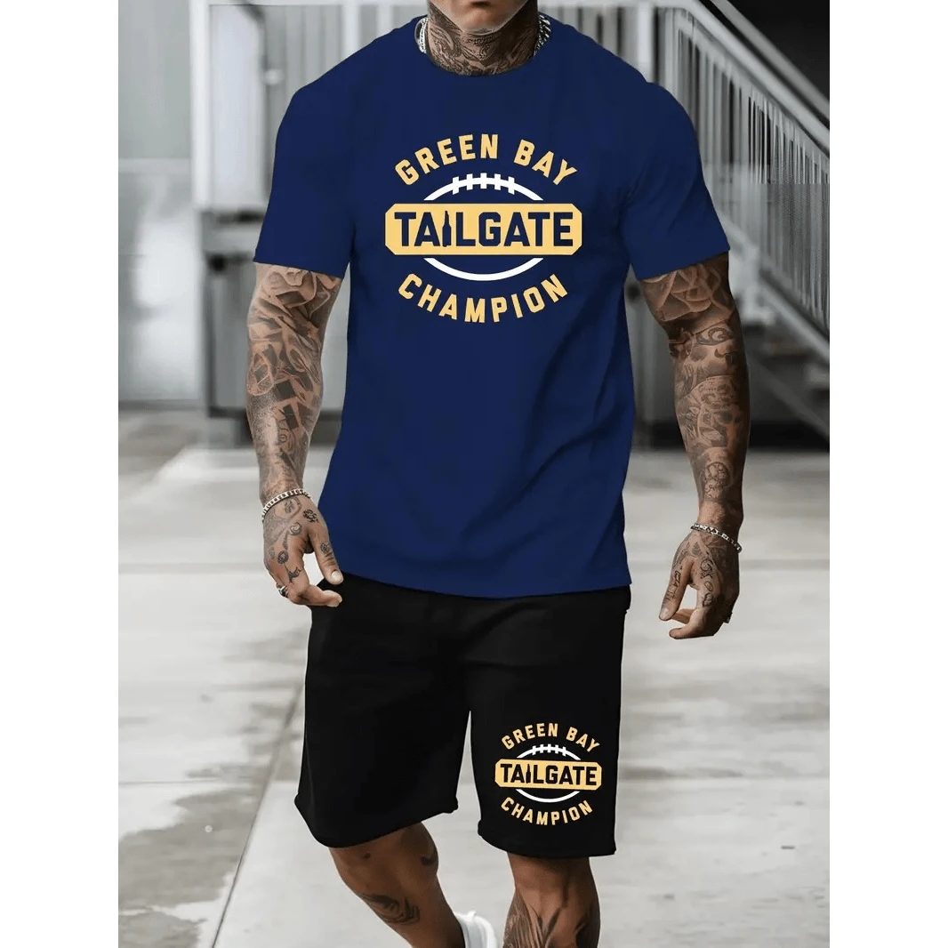 Green Bay Basic T-Shirt Set (FRONT) Men's Women's Cotton Shirt Reinforced Stitching Unisex StreetWear + Green Bay Sweatshirt Shorts (BARRA) Workout Shorts Gym Sport Fitness Casual With Pocket - Màu xanh hải quân - Xem 1