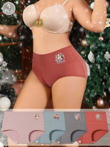 4 件套女士高腰柔软舒适圣诞老人印花内裤套装 - 彩色 - 查看 2
