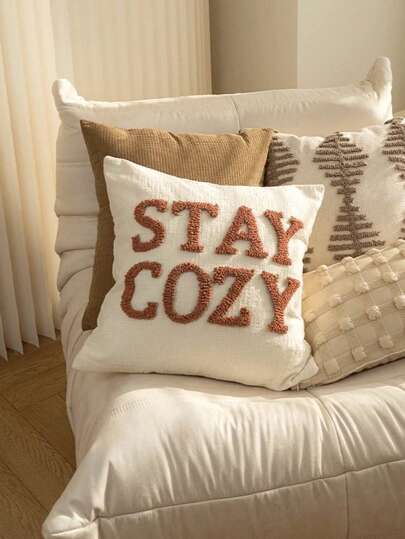 1pc "Stay Cozy" Embroidered Throw Pillow Cover, Home Sofa Cushion Cover, Pillow Sham, For Bedroom And Living Room Decor Gifts Birthday Graduation