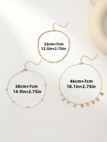 3 件金属质感珍珠珠和圆盘吊坠项链套装（圆盘数量随机） - 金黃色 - 查看 4