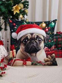 1pc Christmas Hat Pet Dog Animal Puppy Pattern Cushion Cover, Modern Fabric Plush Printed Throw Pillow Case For Sofa Living Room Christmas Home Decoration, Without Filler - Multicolor - View 5