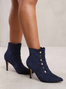 Where’s That From TILDA POINTED TOE MID HEEL ANKLE BOOTS WITH GOLD BUTTONS IN RED