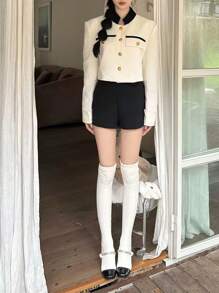 1對純色蕾絲裝飾過膝襪，秋冬款，收緊效果，適合長腿女孩或穿JK風格制服 - 灰色 - 查看 6