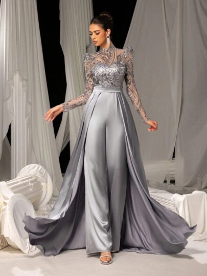 Faeriesty Elegant Satin Jumpsuit, Adorned With Shiny Sequin Embroidery, Floor-Length Gown | Luxury Evening Dress Suitable For Formal Occasions, Galas, Weddings