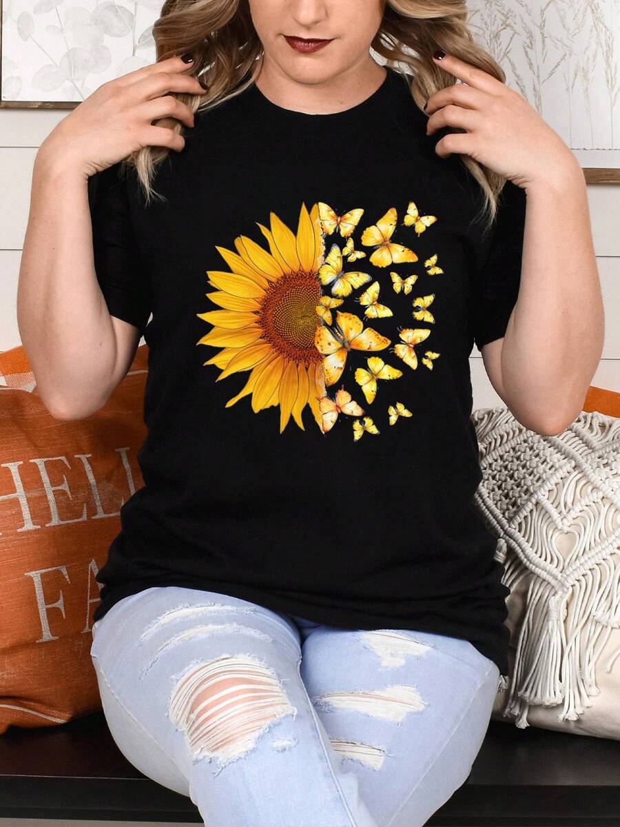 Oversized Style For Women, Half Sunflower With Yellow Butterflies T-Shirt, Wedding Print Shirt, Comfortable Cotton Fabric Tee, Sunflower Blessings Shirt, Unisex Shirt, Loose Type T-Shirt For Women - 黑色 - 查看 1