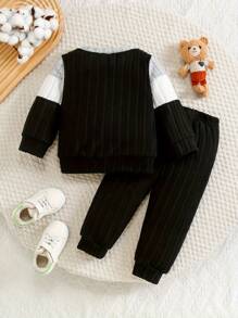 2pcs Baby Boys Casual Outfit Set With Contrast Color Long Sleeve Top And Pants, Suitable For Spring And Autumn