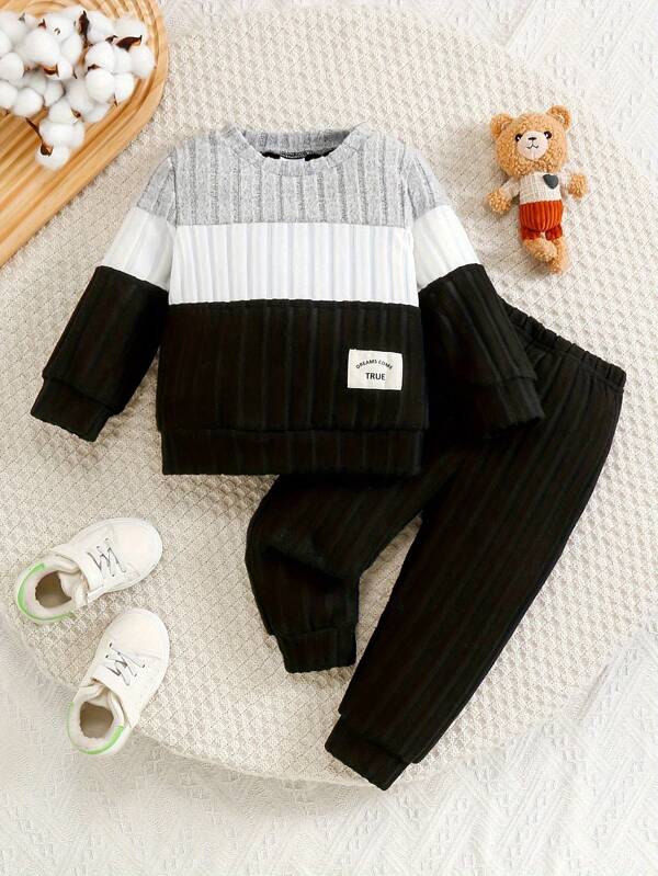 2pcs Baby Boys Casual Outfit Set With Contrast Color Long Sleeve Top And Pants, Suitable For Spring And Autumn