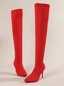 Stivali sopra il ginocchio da donna, disponibili nei colori nero, kaki e rosso, con tacco alto, eleganti e di taglia oversize, adatti per l'autunno/inverno