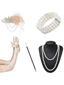 Set de 6 accesorii și pălării la modă în stil Paște/anii 1920, inclusiv bentiță cu pene, mănuși, colier lung cu perle artificiale, suport pentru țigări, brățară cu 3 rânduri de perle artificiale pentru petrecere, spectacol, costum de Ziua Mamei și Halloween
