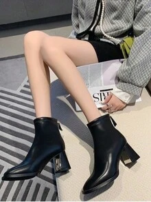2024 秋冬新款女士踝靴，方头粗跟时尚短靴，毛绒衬里保暖百搭高跟靴 - 黑色 - 查看 10