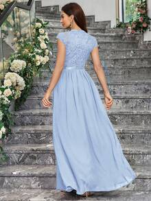 MIUSOL 优雅花卉蕾丝立领盖袖褶边舞会礼服 - 淺藍色 - 查看 3