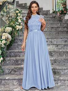 MIUSOL 优雅花卉蕾丝立领盖袖褶边舞会礼服 - 淺藍色 - 查看 4