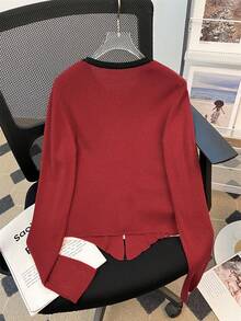 3D Bow Decor Contrast Color Classy Flattering Slim Fit Sweater For Women, Autumn, For Daily, Dating,Commuting, Christmas, Long Sleeve Tops - Red - View 6