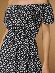 Women's Short Off-The-Shoulder Dress With Floral Print - 黑色 - 查看 8