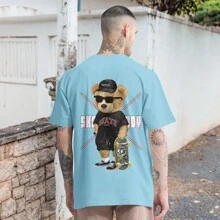 Oversized Skater Bear T-Shirt Skate Streetwear Shirt HD Print Front And Back - Màu xanh nhạt - Xem 2