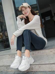 女士百搭厚底运动鞋，舒适纯色户外运动鞋 - 白色 - 查看 1