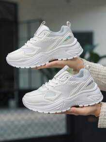 女士百搭厚底运动鞋，舒适纯色户外运动鞋 - 白色 - 查看 5