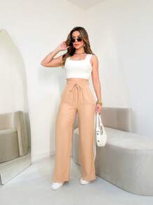 ADD WOMEN'S FASHION - MK001 Women's Pants, High Waist, Elastic Waistband, Butterfly Knot, With Pockets And Stripes On The Sides, Slit In The Leg, Marrant Fabric, Elegant, Formal, Modern, Casual, National Shipping New Spring Collection - 米色 - 查看 5