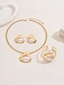 4pcs/Set New European & American Fashion Exaggerated Black & White Necklace, Earrings, Bracelet, Faux Pearl Inlay Unique Design Women Jewelry Set