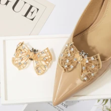 1 Cặp (2 Chiếc) Nơ kim loại màu trắng và vàng đính đá Rhinestone có thể tháo rời Kẹp giày DIY, Phụ kiện giày thời trang thanh lịch, Phù hợp với giày cao gót màu đen, trắng, đỏ, giày cao gót công sở - Vàng - Xem 2