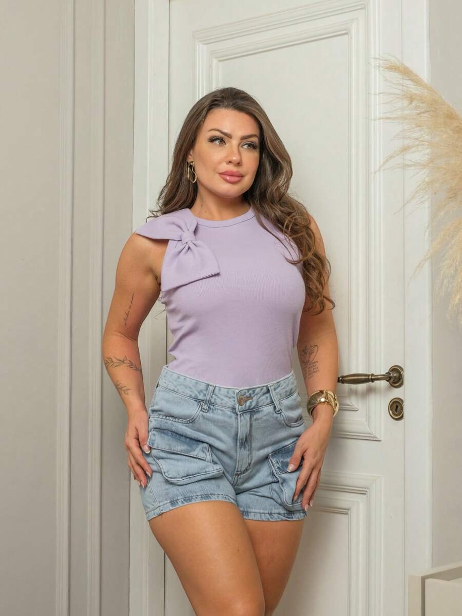 Ribbed Tank Top With Highlighted Bow - Màu Lilac Tím - Xem 1
