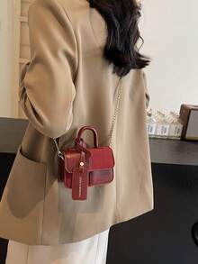 Dedoo Bag Handbag 2024 Stitching PU Material Texture Niche Fragrance Mini Retro Design Messenger Bag French Retro Bag Square Flip Small Square Bag Female - Red - View 3