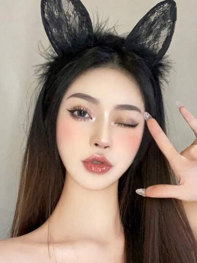 ROMWE Kawaii 1 件女士性感蕾丝和毛绒兔耳朵头带，适合节日、派对、角色扮演、日常角色扮演和其他场合，情人节情人节，发带，发箍头带，黑色