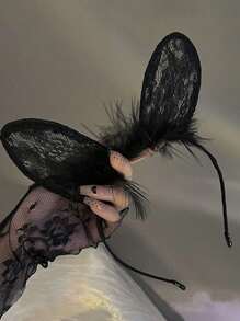 ROMWE Kawaii 1 件女士性感蕾丝和毛绒兔耳朵头带，适合节日、派对、角色扮演、日常角色扮演和其他场合，情人节情人节，发带，发箍头带，黑色 - 黑色 - 查看 3