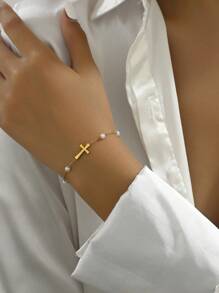 18K Gold Plated Cross & Pearl Stainless Steel Bracelet For Women, Suitable For Daily Wear And Gift, (Pearl Quantity Is Random As Hand-Crafted) - Yellow Gold - View 1