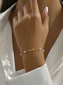 18K Gold Plated Cross & Pearl Stainless Steel Bracelet For Women, Suitable For Daily Wear And Gift, (Pearl Quantity Is Random As Hand-Crafted) - Yellow Gold - View 3