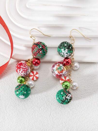 1 对时尚优雅的多色毛绒球吊坠耳环，高端彩色绒球流苏耳环，适合女性、日常佩戴、度假、送给朋友的礼物，随机红色和绿色绒球颜色