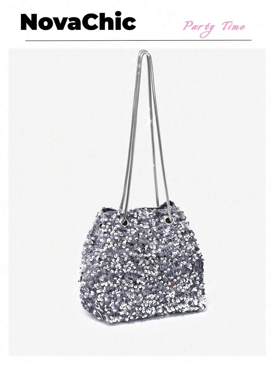 女士亮片装饰迷你斜肩水桶包，晚会，派对婚礼舞会晚宴/宴会的完美选择，搭配节日派对礼服晚礼服和亮片礼服，与新年服装完美搭配，与女士派对礼服完美搭配，时尚派对包，派对、婚礼、舞会、晚宴/宴会的完美选择，婚礼必备物品，与毕业礼服、舞会礼服完美搭配 - 灰色 - 查看 1
