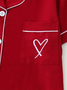 两件套女士纯色秋季撞色领口袋爱心装饰纽扣上衣和蝴蝶结裤子睡衣家居服套装，适合居家穿着，圣诞节适用 - 酒紅色 - 查看 4