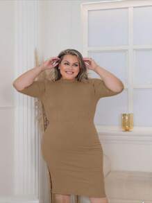 RIBBED DRESS 3/4 SLEEVE HIGH NECK PLUS SIZE MIDI - 香檳色 - 查看 2