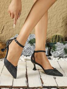 Women Casual Party High Heels Pointed Toe Hollow Rhinestone Shoes For Women, White & Black - Black - View 4