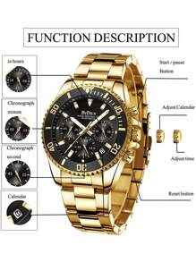 BIDEN Men's Watches, Men's Business Watches, Men's Sports Chronometers, Calendar Night Light Quartz Watches, Stainless Steel Strap Waterproof Clock Men's, Free Chain Link Remover+Box - Gold - View 6