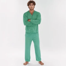 Men's Winter Pajamas Long Sleeve With Buttons And Trousers - Verde - Ver 1