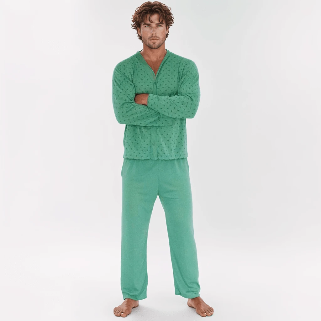 Men's Winter Pajamas Long Sleeve With Buttons And Trousers - Verde - Ver 1