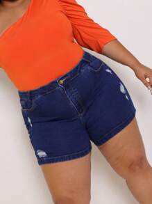 Plus Size Women's Denim Shorts, Dark, Ripped, Hem. - 深色水洗藍 - 查看 1