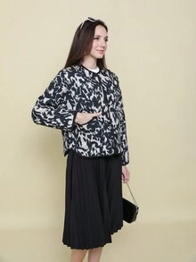 Giacca con stampa semplice e versatile con bottoni, manica lunga, di moda - nero - Visualizzare 2