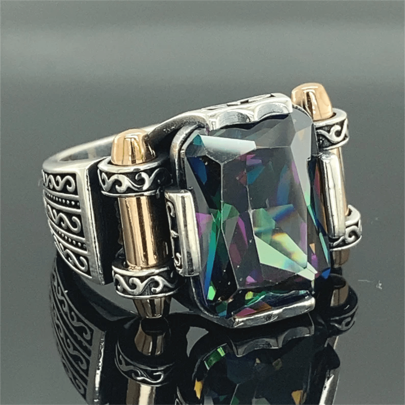 复古风格男士戒指，镶嵌合成方晶锆石，朋克摩托车风格设计，独特高品质时尚配饰，尺码 6-13